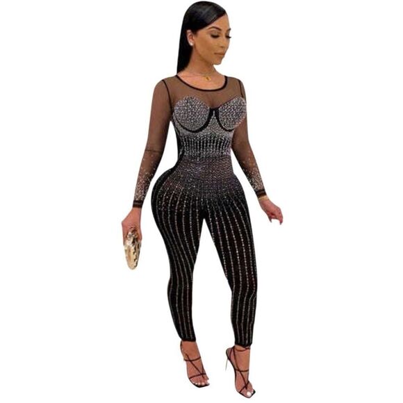 Jumpsuit Embellished W/ Rhinestones Black Mesh Size Medium - Picture 2 of 16